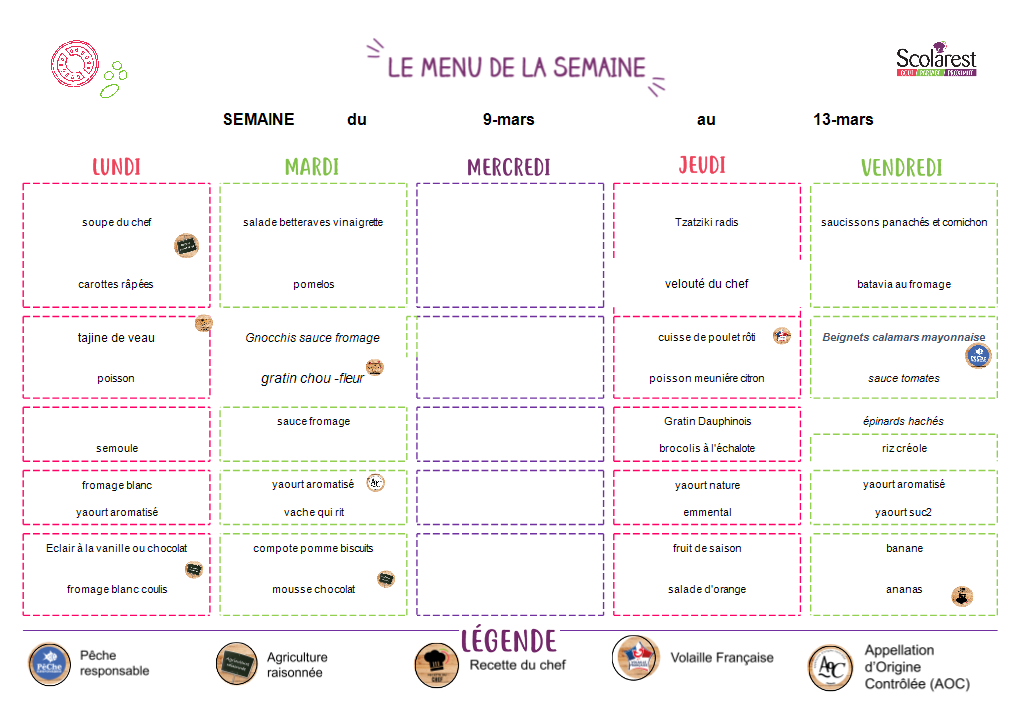 Menu de la semaine