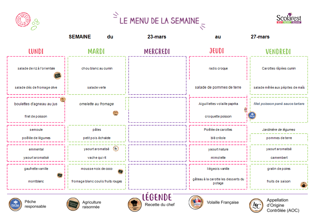 Menu de la semaine
