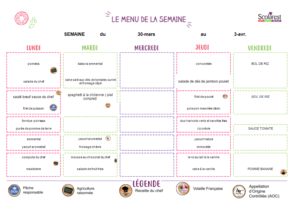 Menu de la semaine
