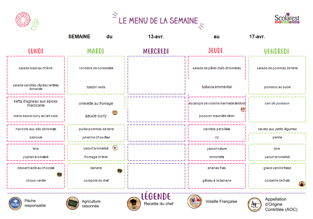Menu de la semaine